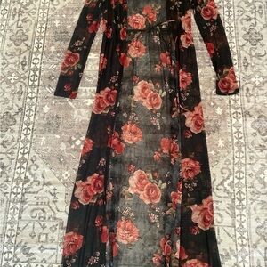 Dark Floral Sheer Long Sleeve Maxi Kimono in Black with Rose Print